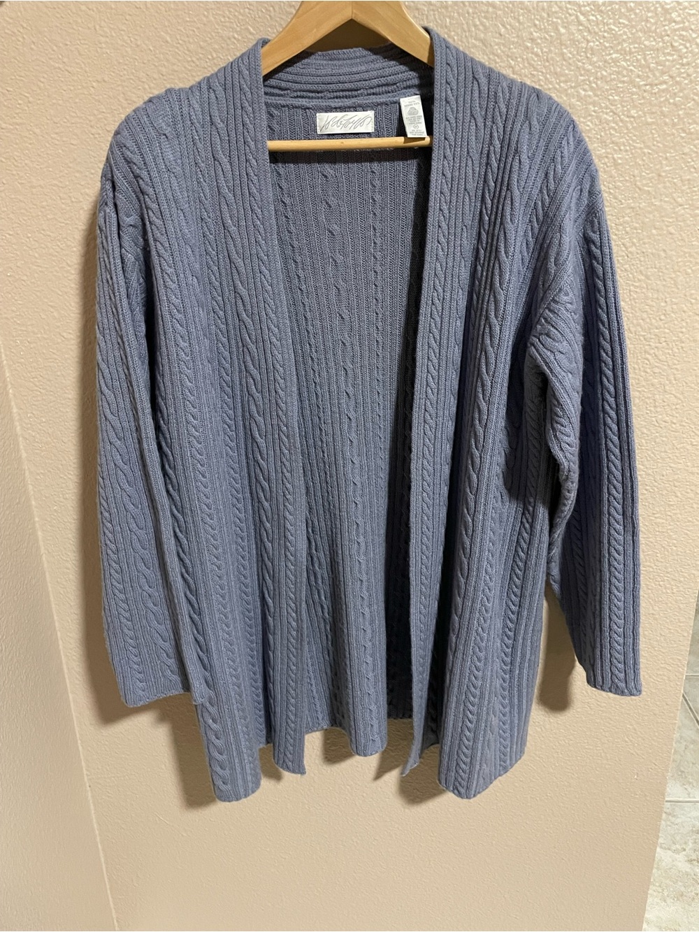Lord & Taylor Dusty Blue merino wool Cable Knit Open-Front Cardigan